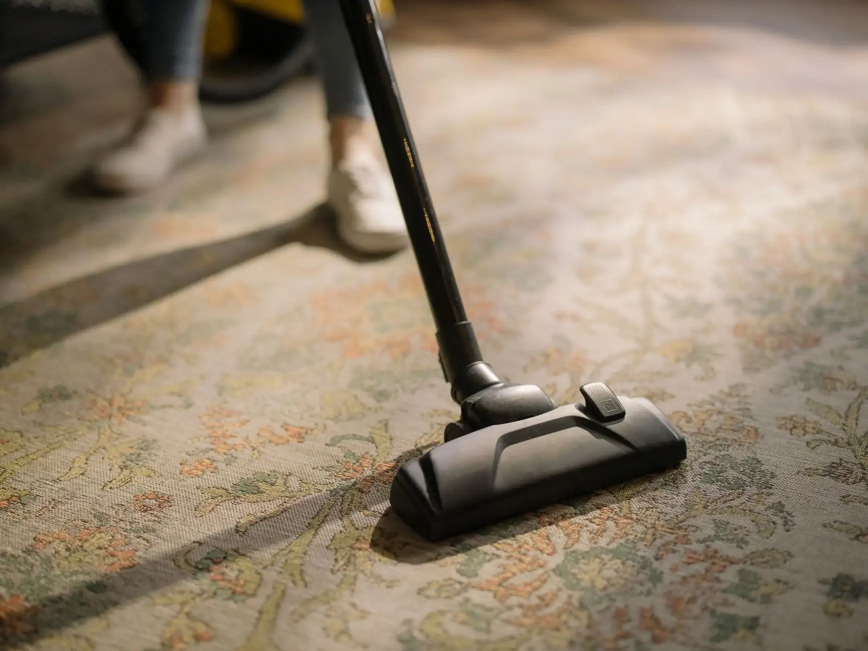Vacuum head lifting dirt from a patterned area rug